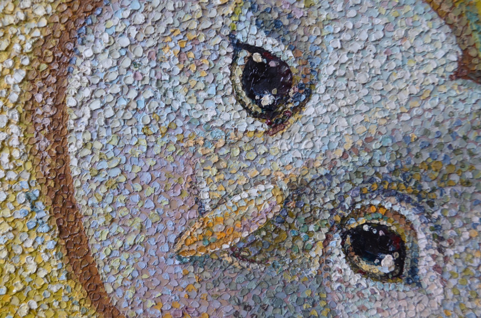 «Yellow Owl» Medium: Oil on canvas Technique: Pointillism Dimensions: 50 x 60 cm