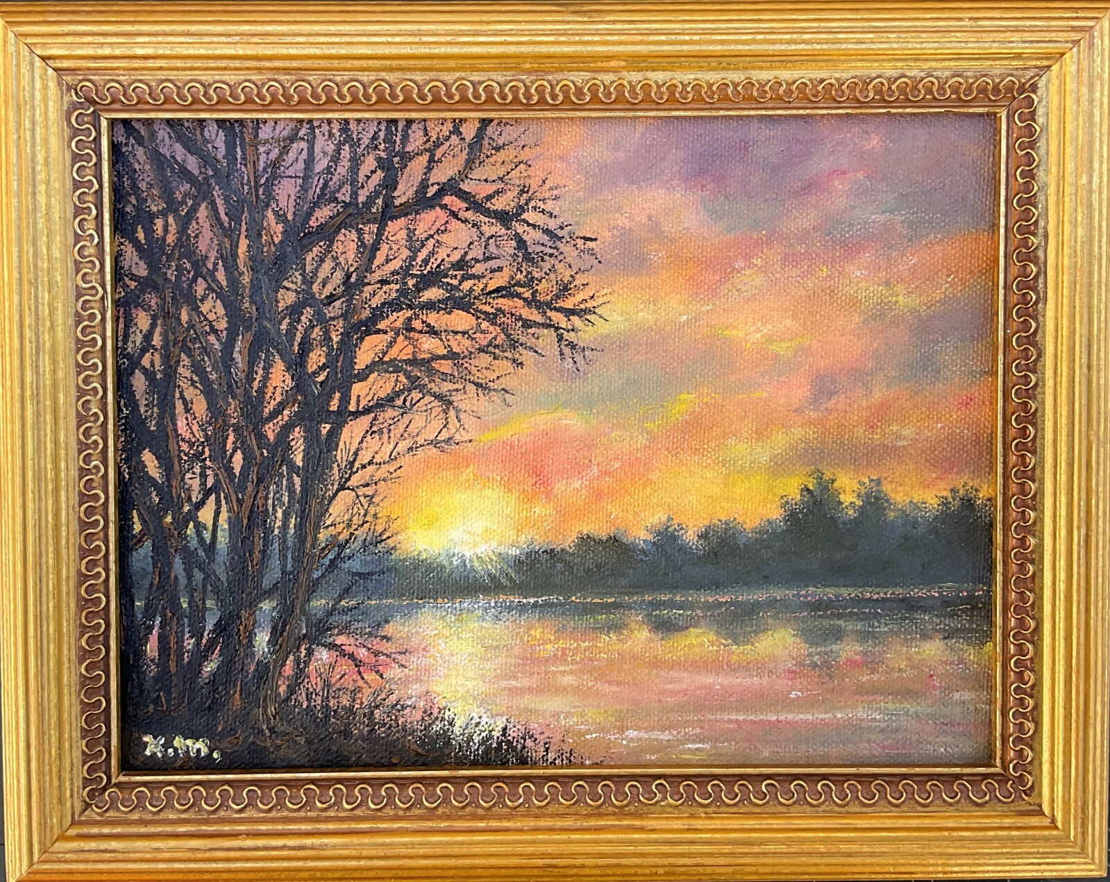 SUNRISE ON THE RIVER – original framed oil landscape painting on 6X8 inch canvas