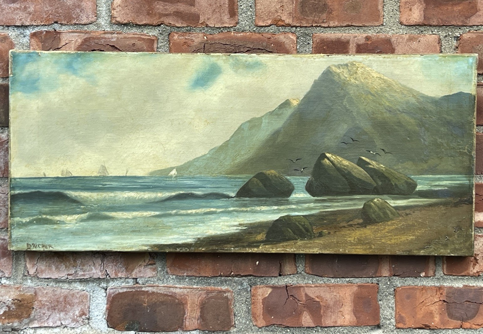 1870s Oil Painting. New England School Coastal Seascape With Sailboats. Signed