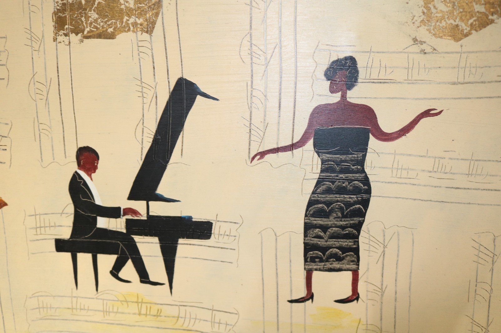 Original Signed M. Harold Jazz Themed Oil and Gold Leaf on Canvas Painting /Read