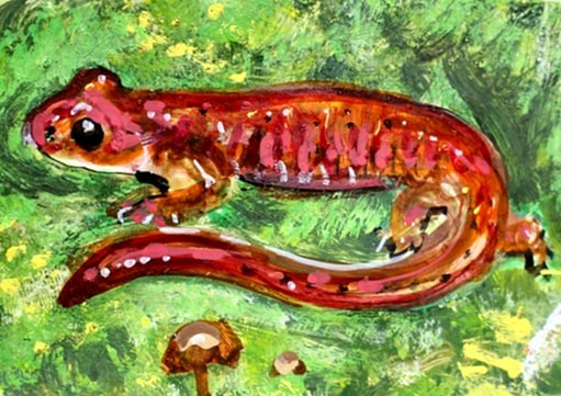 ORIGINAL ACEO Painting SALAMANDER Amphibian Spring Animal Nature Moss ATC ART