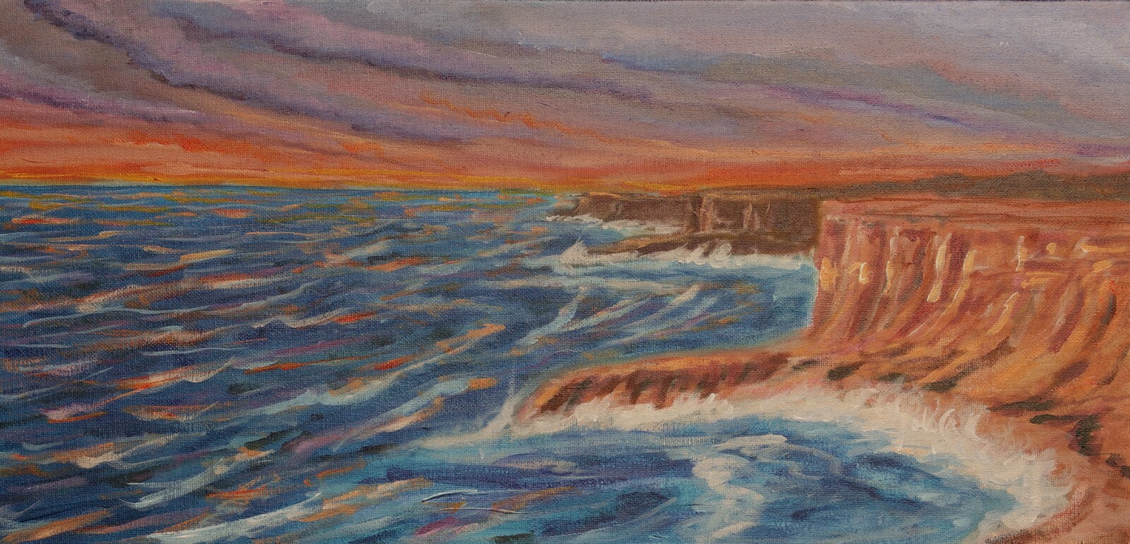 ShawNshawN Original painting – cliff seascape ocean beach sunset orange blue
