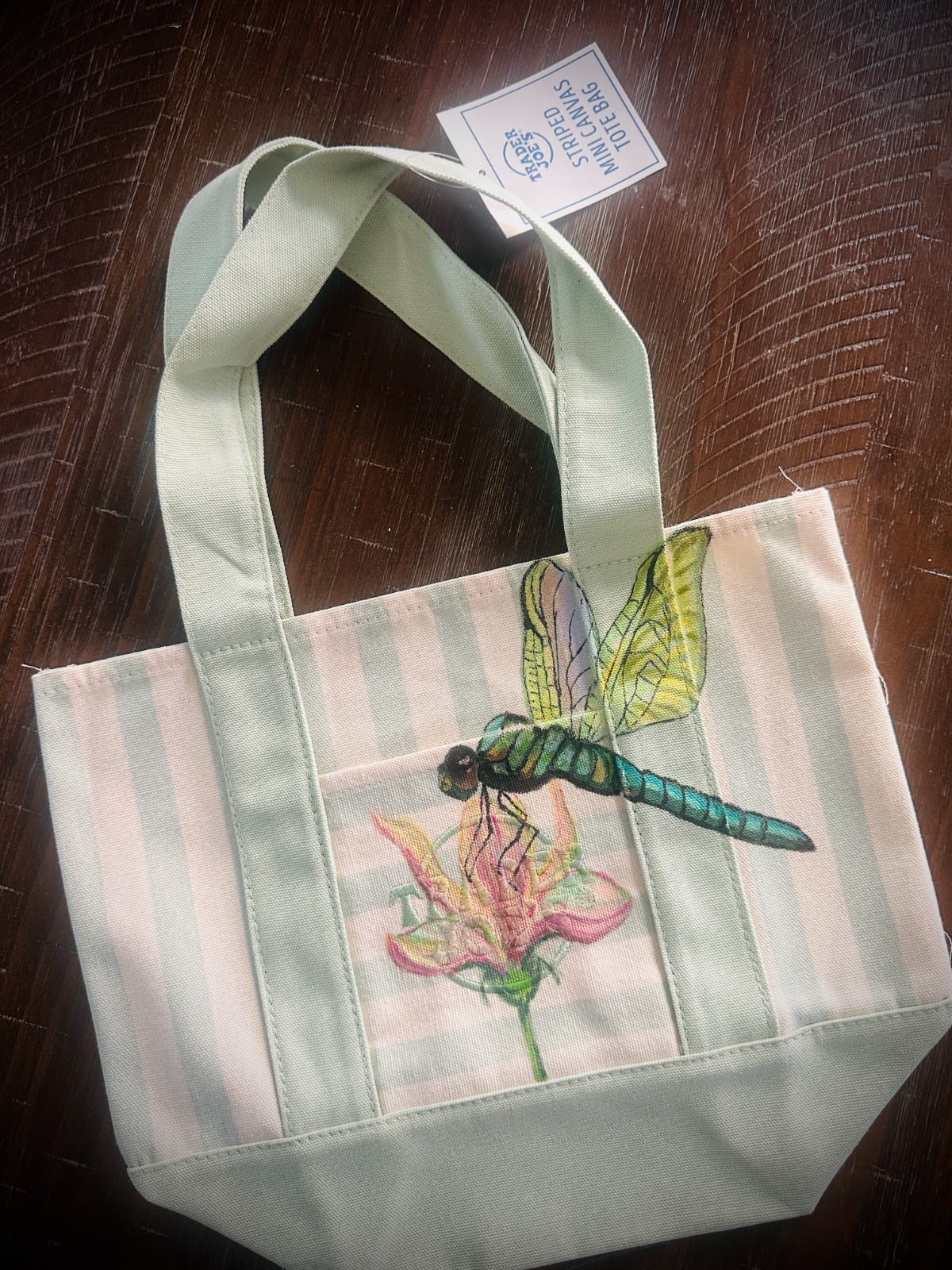 Hand Painted Trader Joe’s Mini Striped Tote Bag «DRAGONFLY» Canvas (Green)