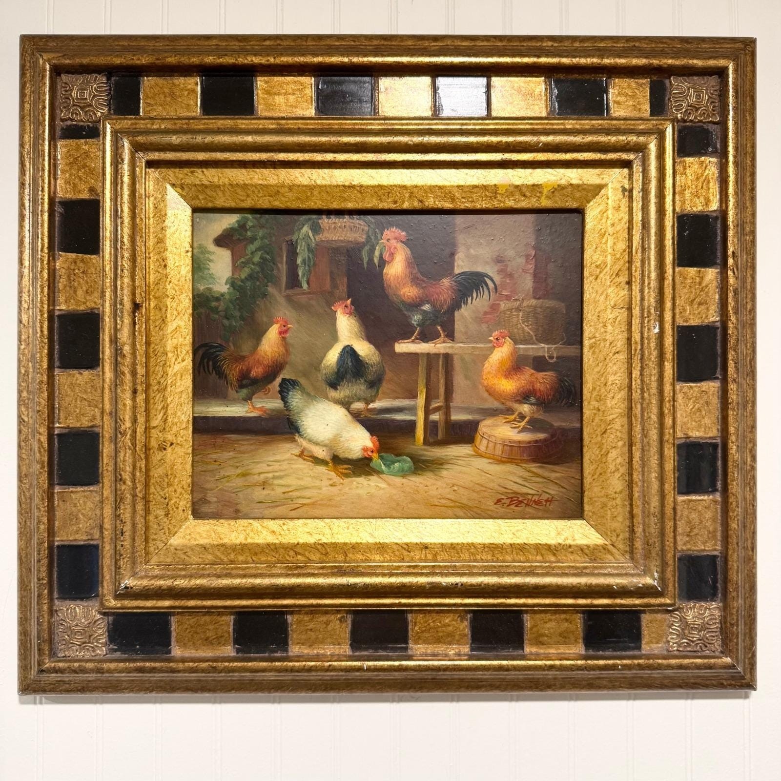 Hand Painted Rooster Hen Oil Painting Gold Black Checker Frame Kitchen Art 18×16