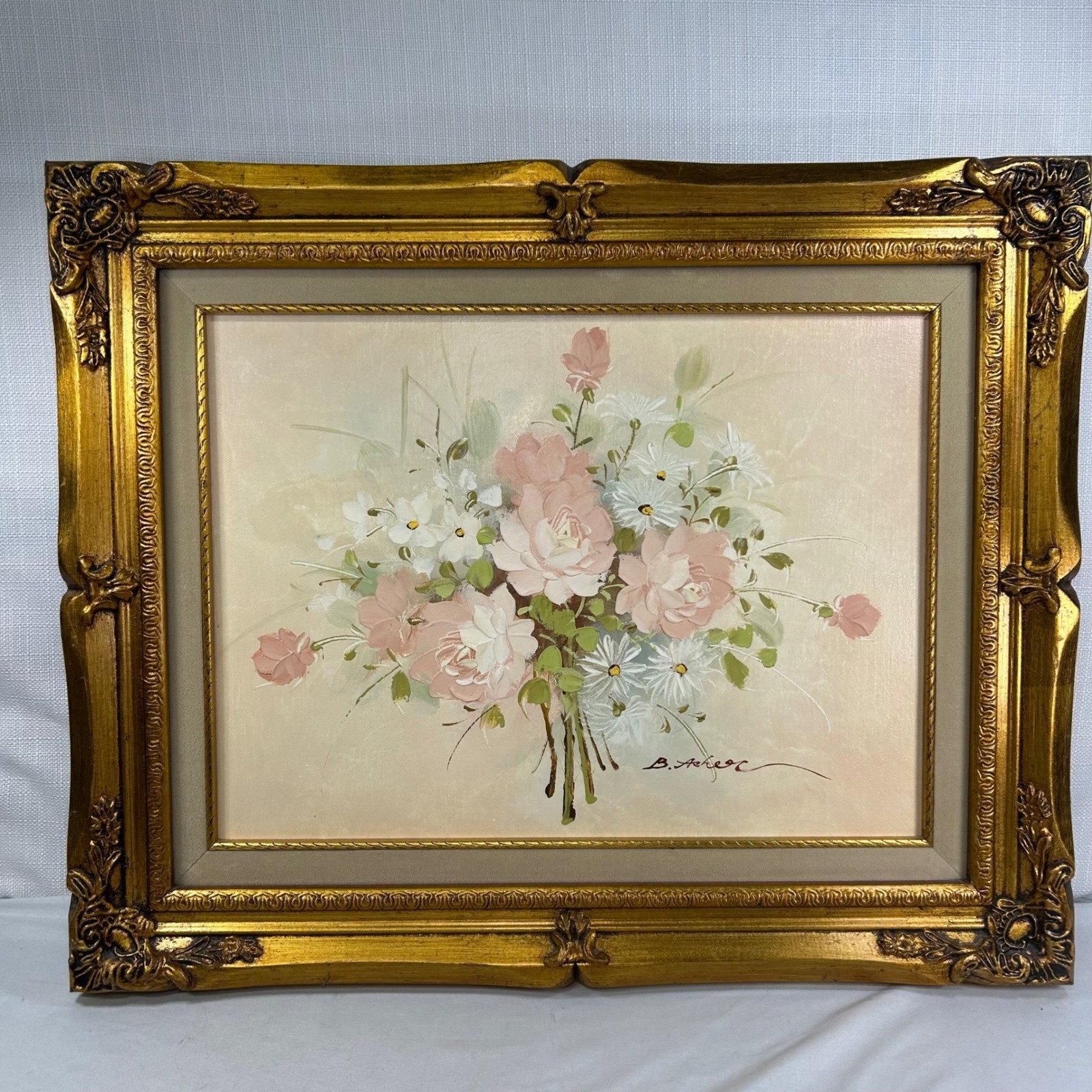 Vintage B. Asher Signed Original Oil Painting Floral Pink Roses Framed 21×17