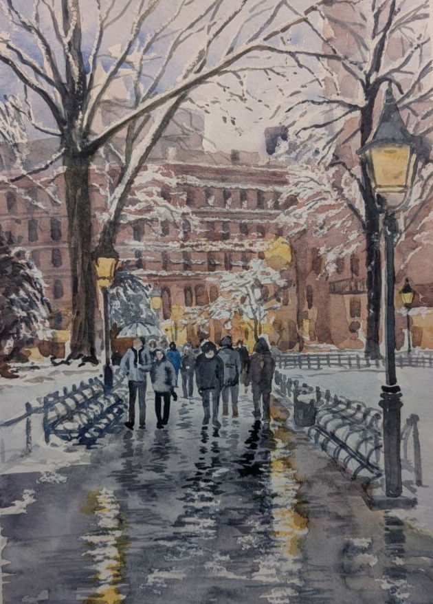 Urban Winter Evening City Watercolor Painting Snowy Road Street Lights A4 Art