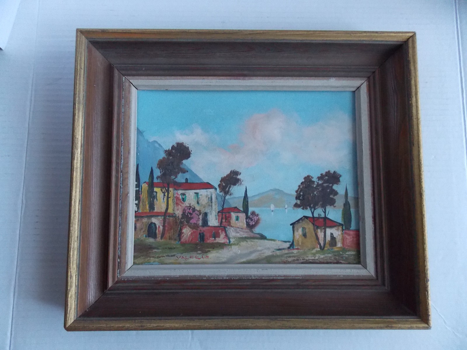 Italian signed Valecis oil painting on board Landscape in Sweedish Frame 13 5/8″