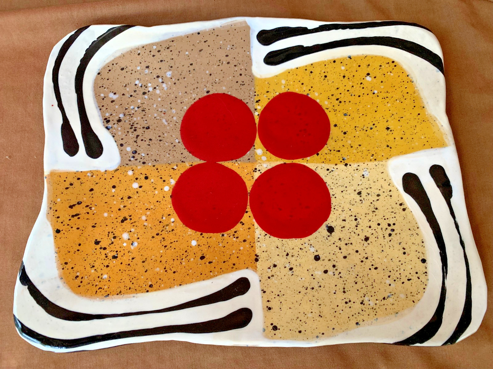 Listed Artist Jack Charney Mid Century Ceramic Tray Geometric Red Dots Ex Cond
