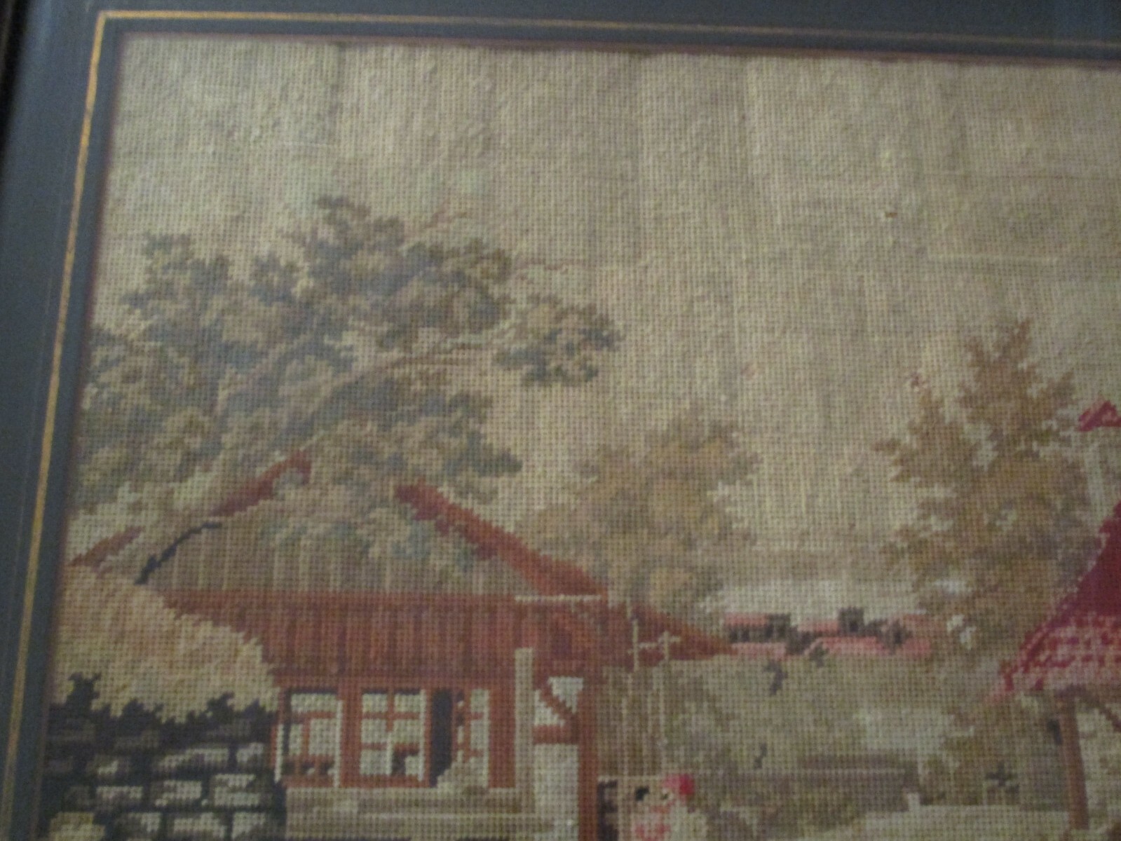 MARY GERTRUDE FERDON NEEDLEPOINT PAINTING 1850 FOLK ART LANDSCAPE NAIVE ANTIQUE