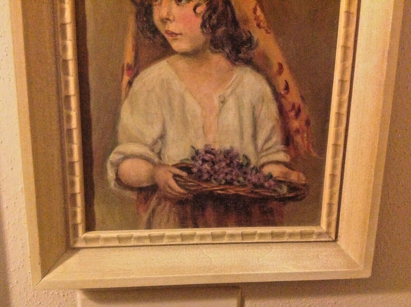 Rare Old Eugene Von Blaas Original Art Oil Painting on Board~Young Girl&Violets