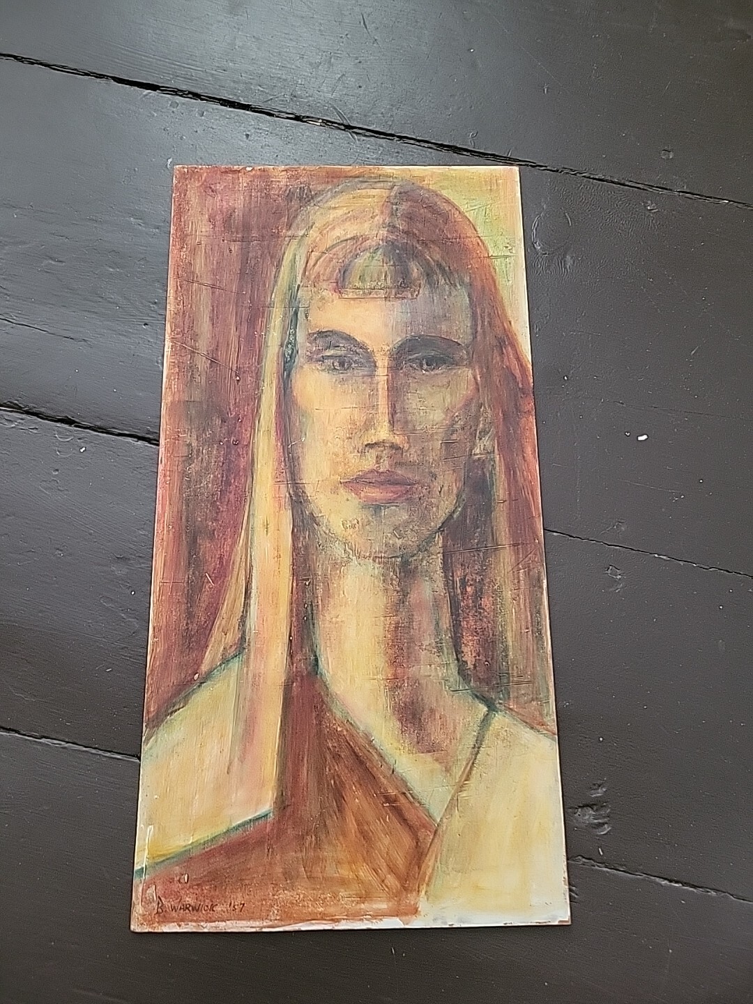 1957 Signed Warwick Original Painting On Board Face Portrait Man Woman Art Vtg