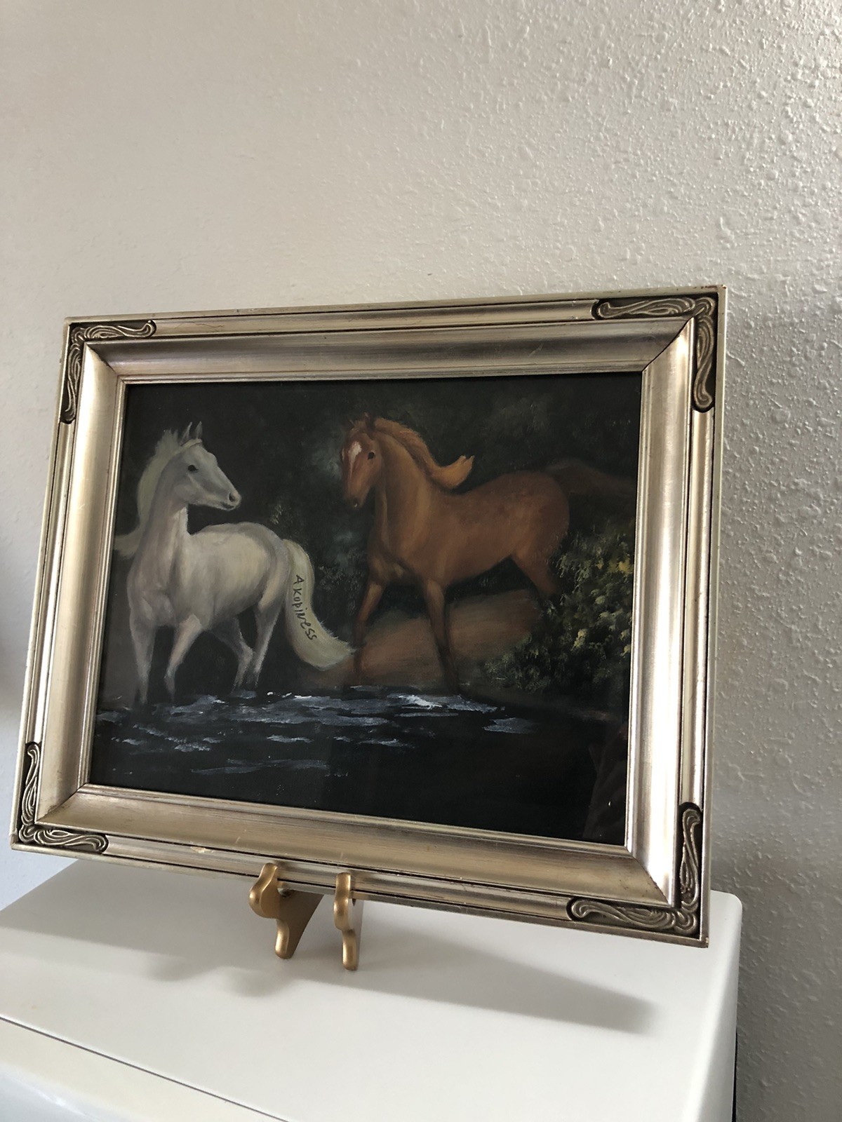 VTG Original Signed Oil On Canvas Painting Two Horses Wading In Water Framed 17”