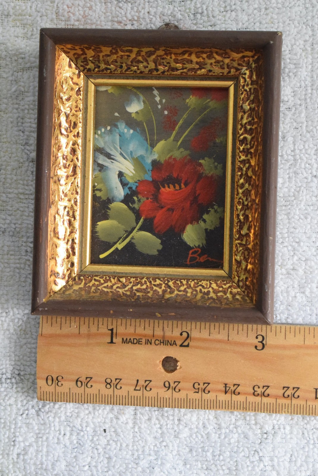 4 VTG Verilyn Gallery Signed Art, Hand-Painted Flowers Gold Frames 3×3.75, SPAIN