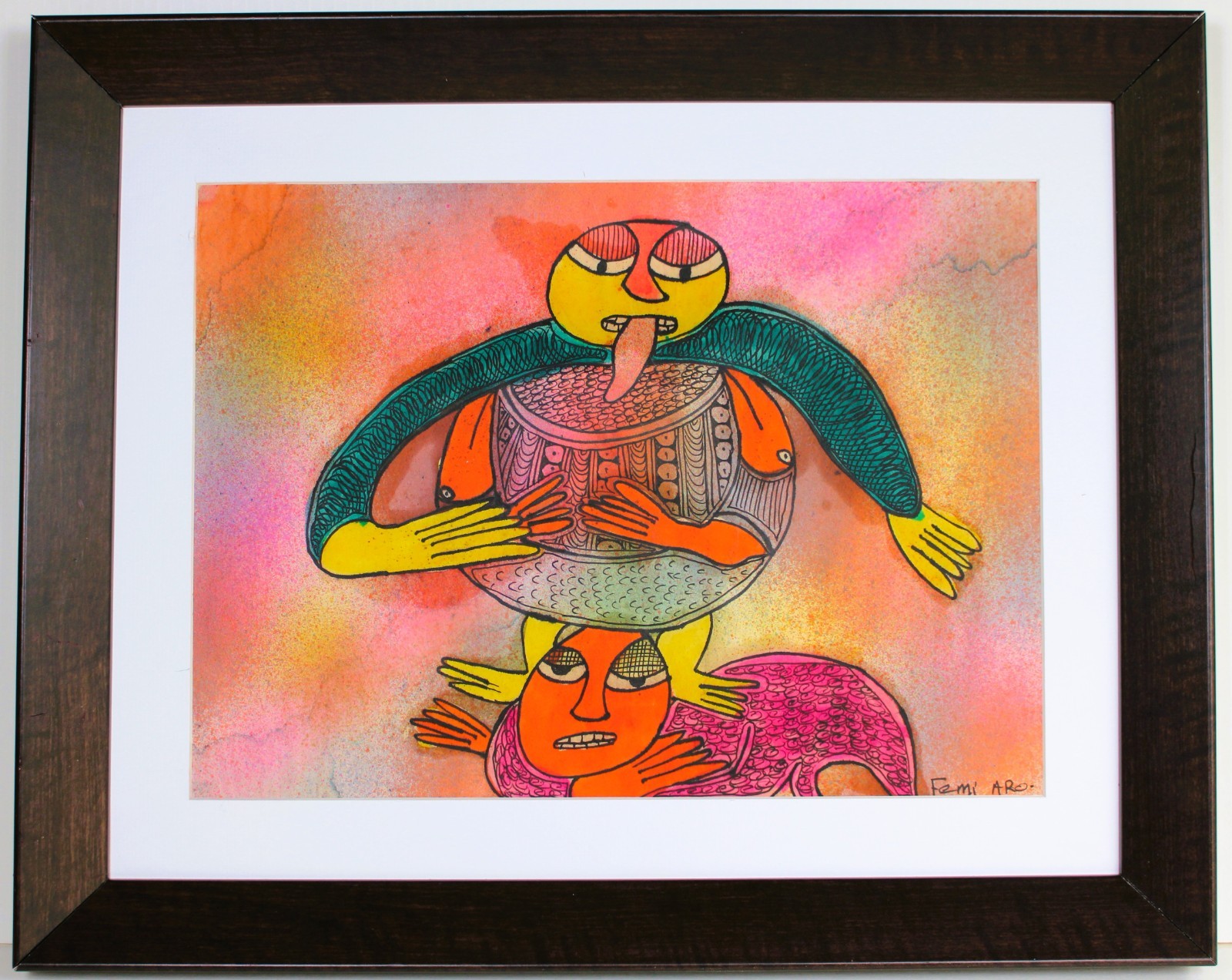 FEMI ARO WATERCOLOR INK PAPER SIGNED NIGERIAN LISTED ARTIST OSOGBO YORUBA MOVEMT