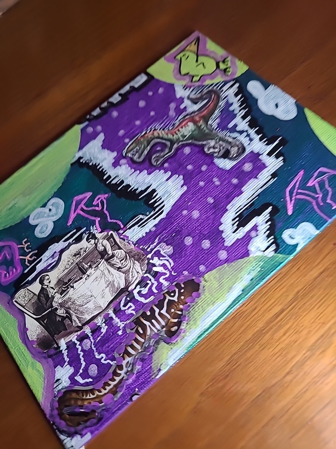 Original Painting Bad Dinner Trip Mushrooms Dinosaur Eat Food Eels Cartoon Birds