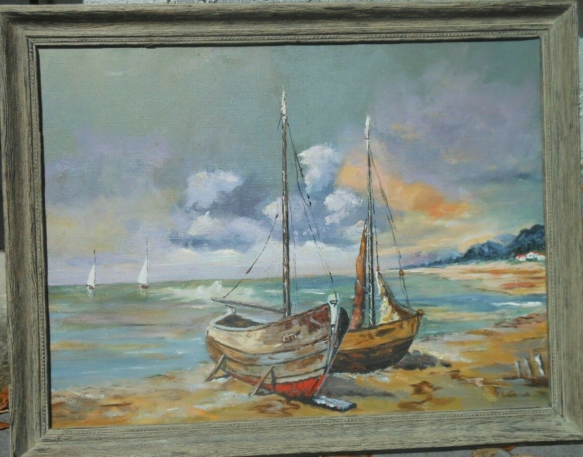 Vintage Impressionist Seascape Oil Painting L Graus 18″ x 24″ Boats