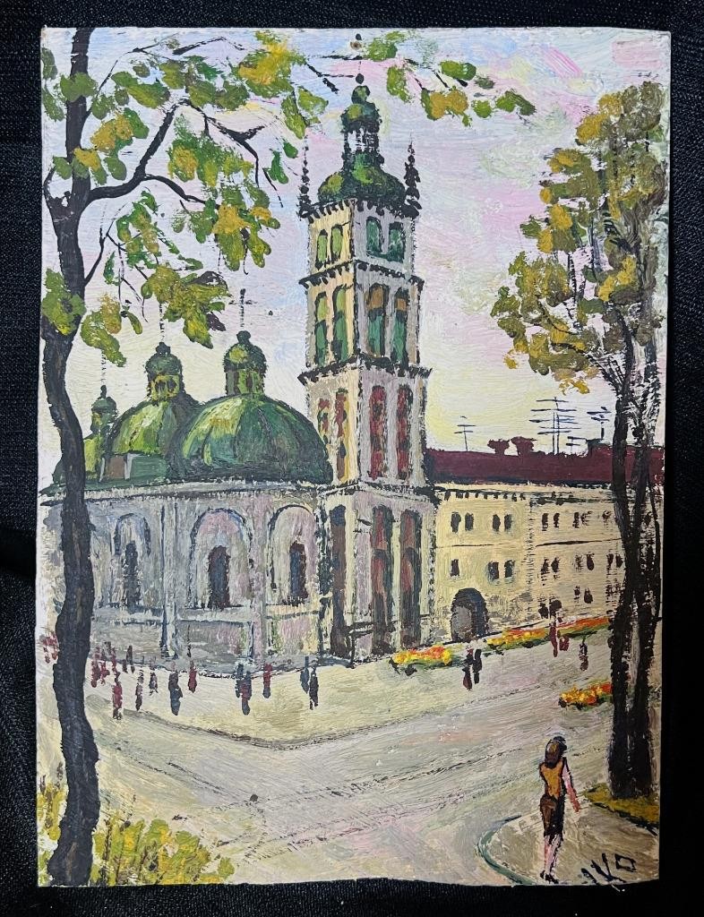 Old Lviv, Ukraine Art Cityscape Landscape Dormition Church Oil Painting Signed