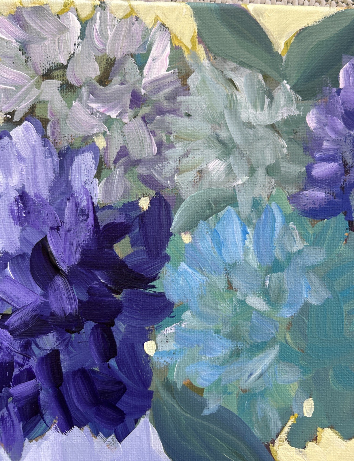 Acrylic Still Life Hydrangeas Lilacs Blue Purple Green Yellow Bold Serene Calm