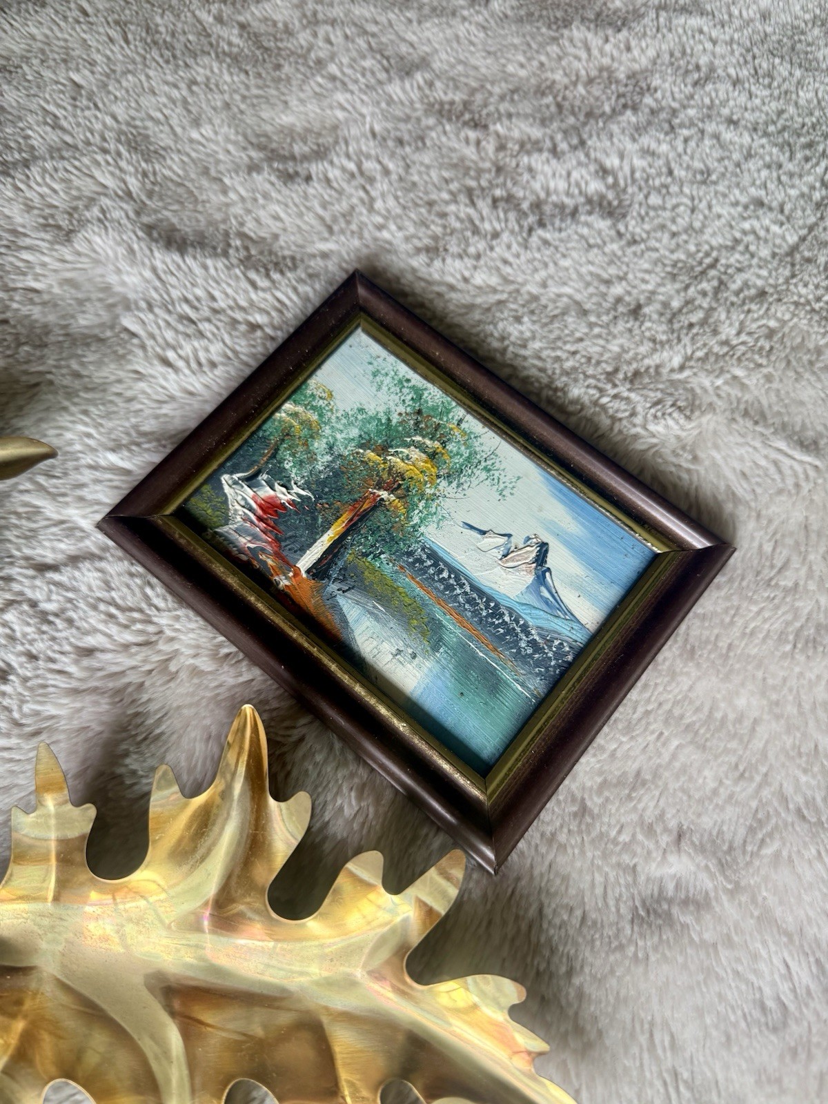Vintage Miniature Framed Mountain Lake Landscape Oil Painting and Homco Leaves