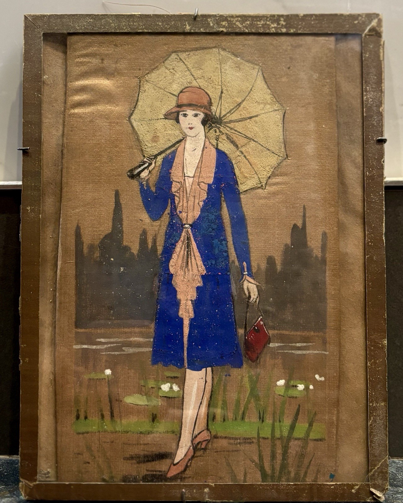 Art Deco Gouache Painting On Silk – Beauty In Central Park – c.1925