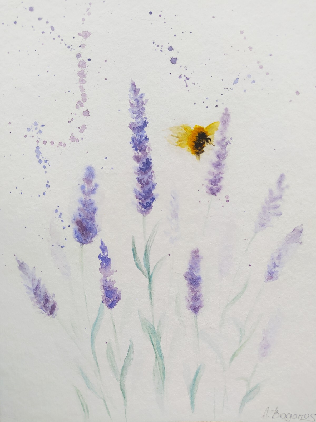 Original watercolor painting Lavander 5,9 x 7,8 in Flowers Minimalism