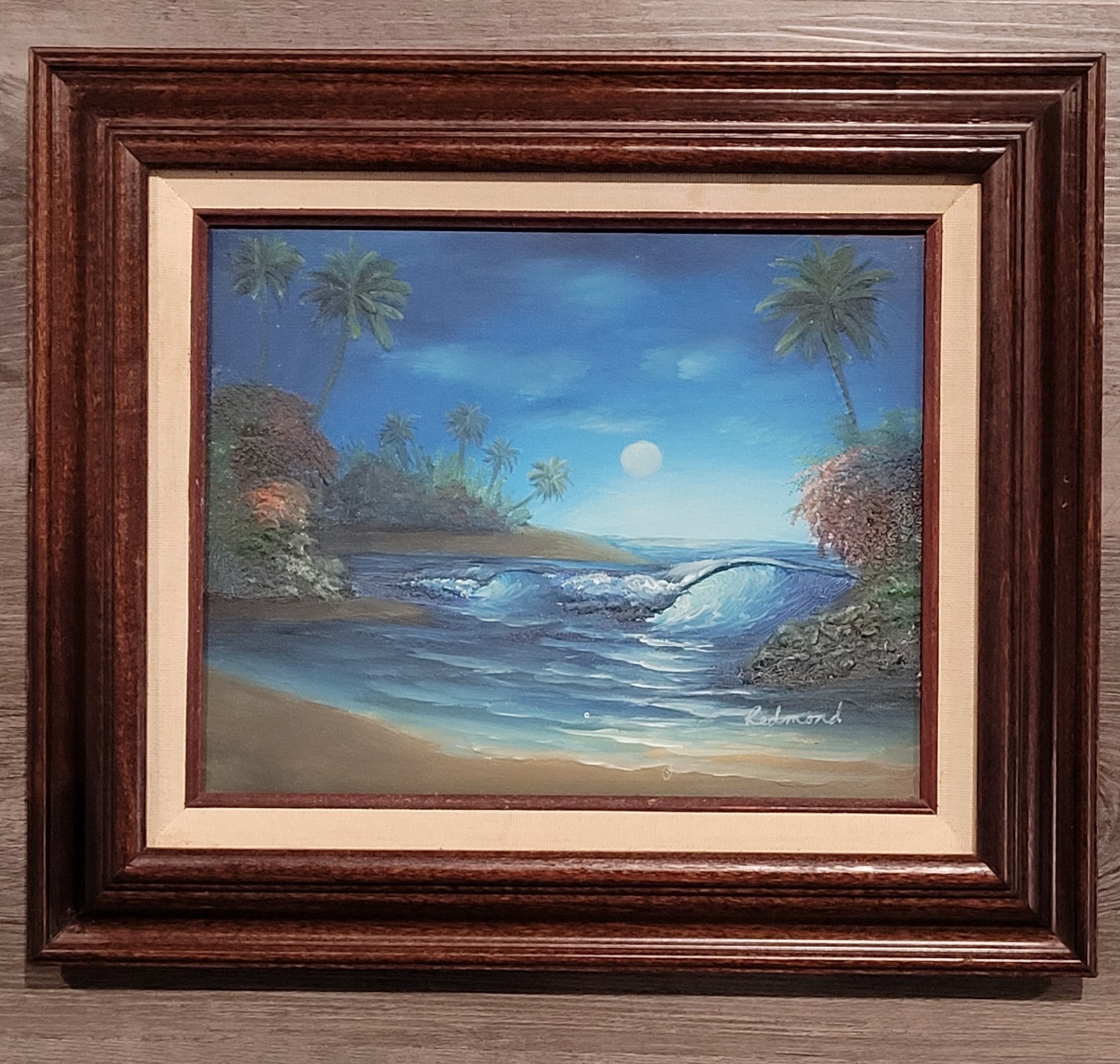 Vintage Textured Oil Painting on Canvas Tropical Moonlit Beach Scene Signed