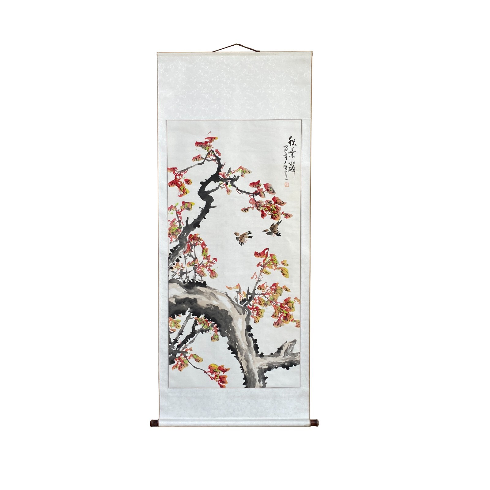 Chinese Color Ink Autumn Burn Brown Leaves Scroll Painting Wall Art ws2238