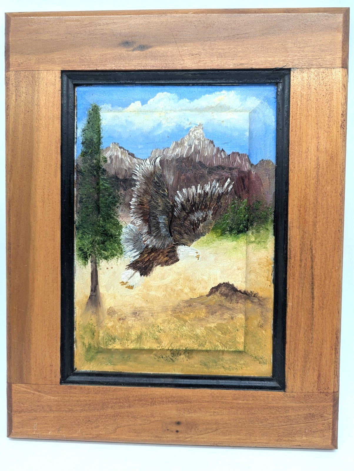 Original Hand-Painted Bald Eagle Oil on Vintage Cabinet Door Rustic Southwest