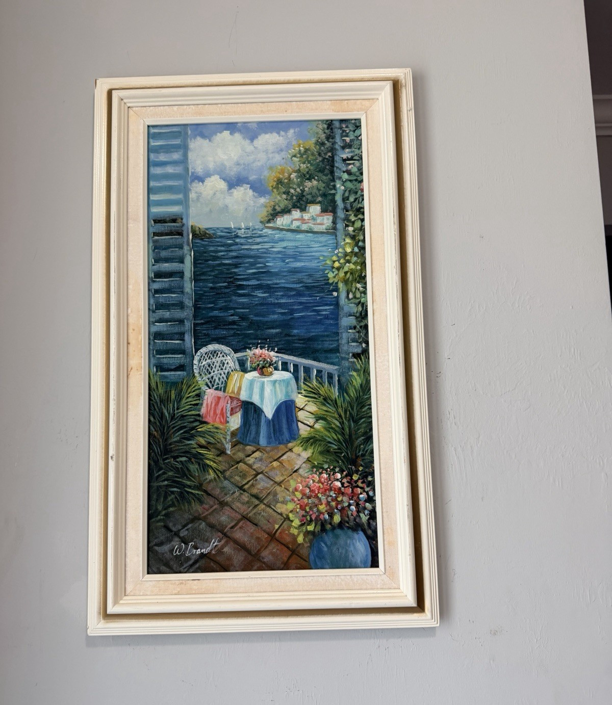 W. Brandt Signed Framed Impressionist Seascape Sailboats Patio Flowers Canvas