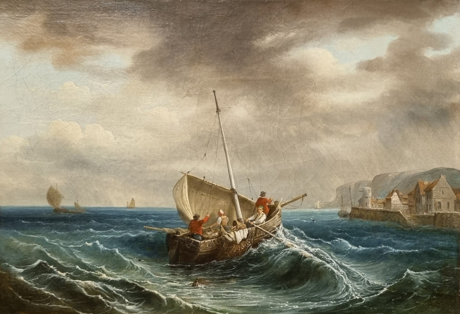 French Marine Painting Mid 19th Boat Port Sea Channel Normandy KUWASSEG