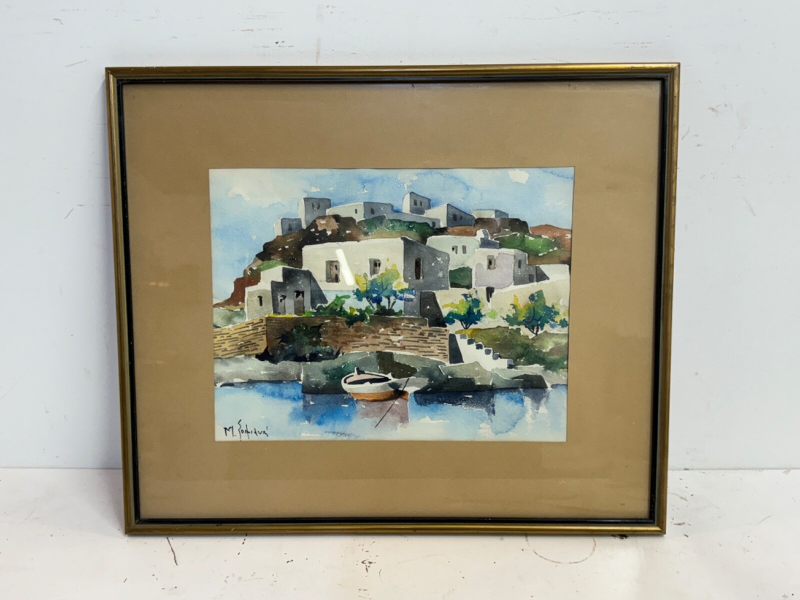 Vintage Manos Sofianos Watercolor House in Greece With Stairs Framed