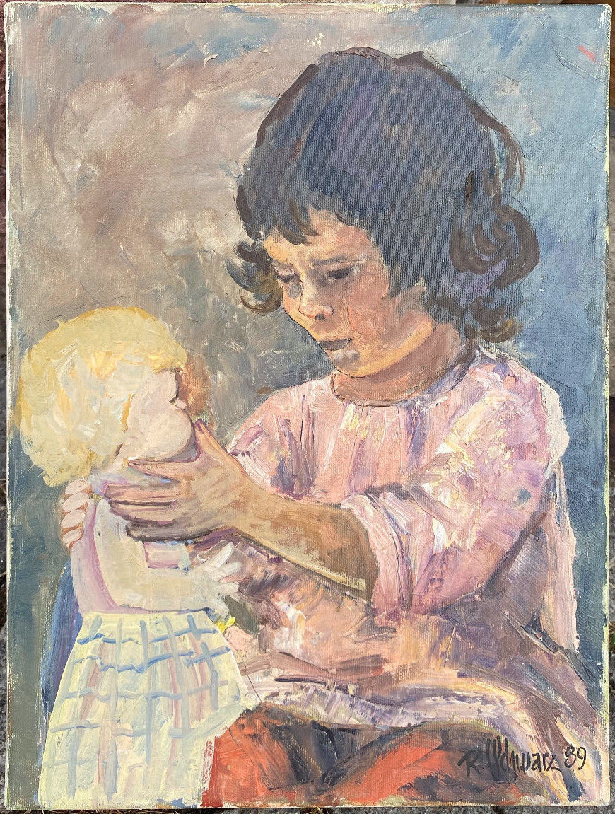 Oil painting signed R.Schwarz 1989 child with doll brown hair pink shirt