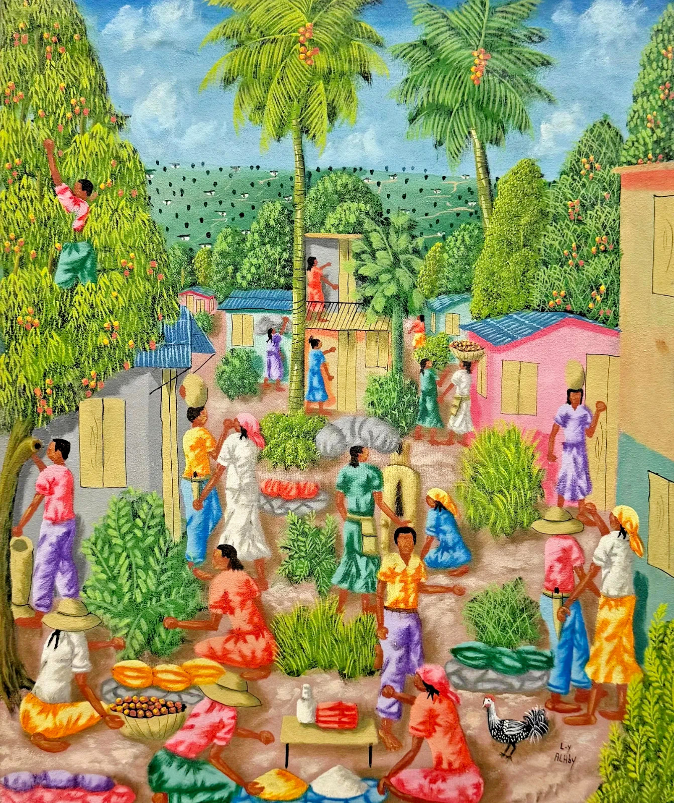 ORIGINAL HAITIAN ART PAINTING BY YL ALABY MARKET VILLAGE INHABITANTS 24X20 In.