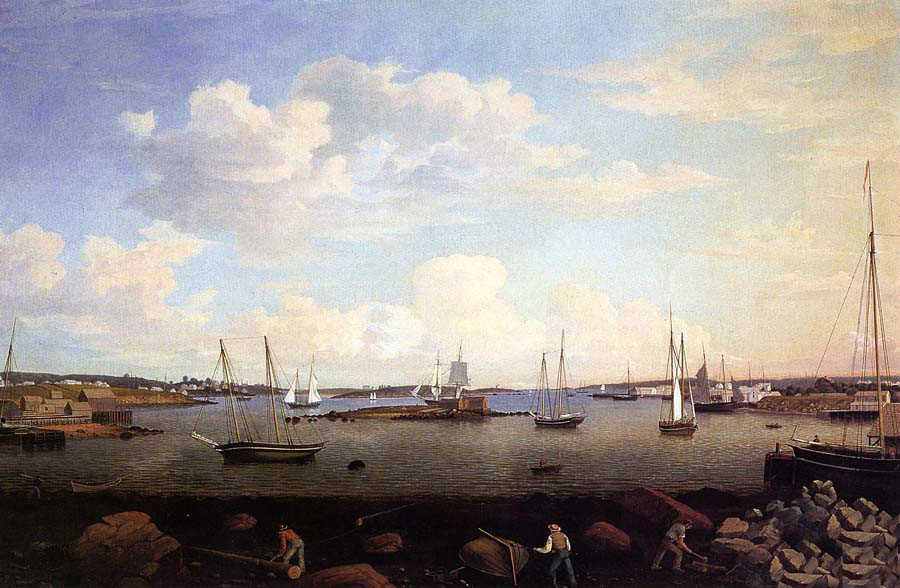 Oil painting Fitz Hugh Lane – Gloucester Harbor with sail boats and busy people
