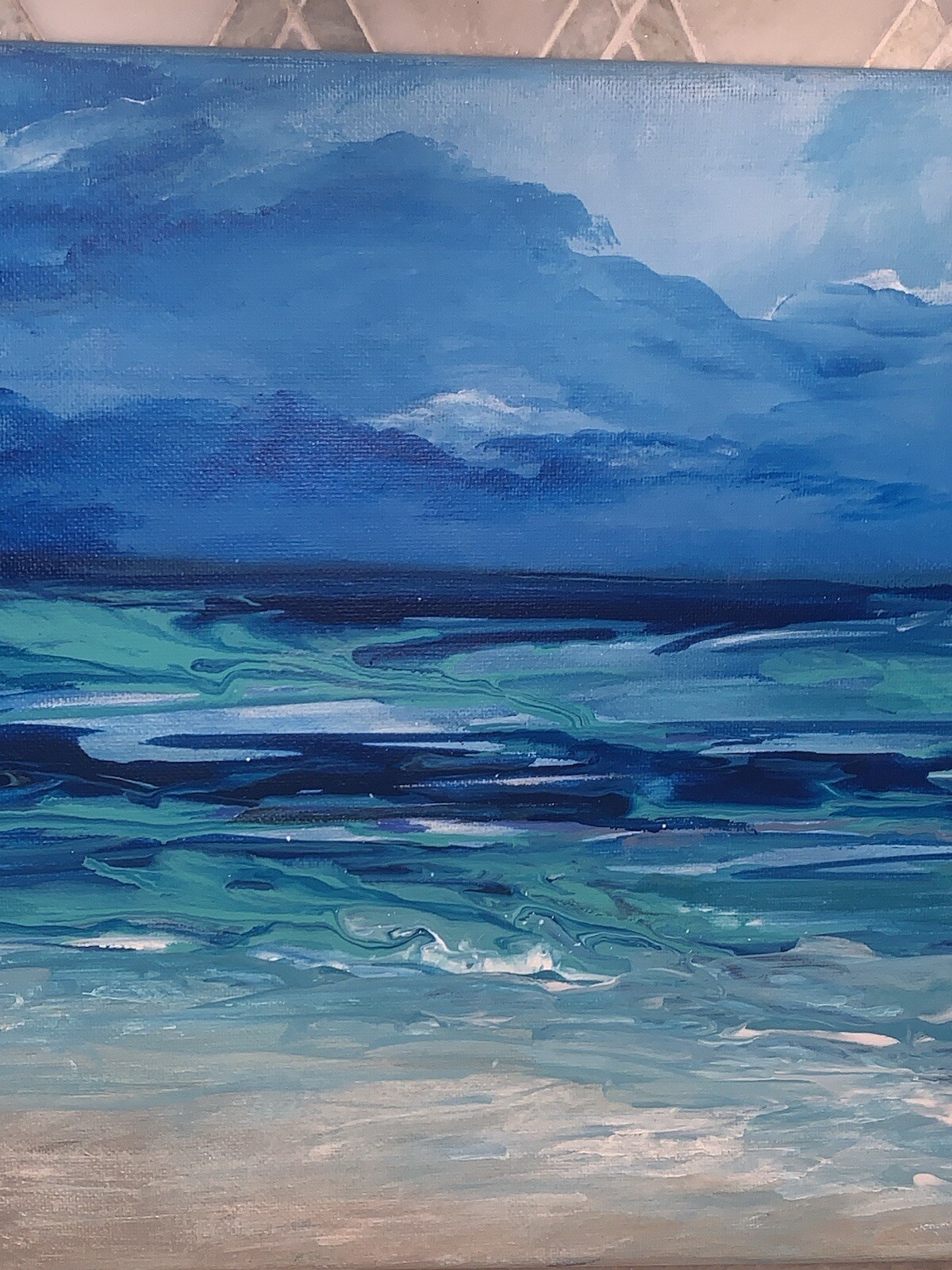 Original Modern Impressionist Oceanscape Beach Shades Of Blue Wht Canvas 11”x14”