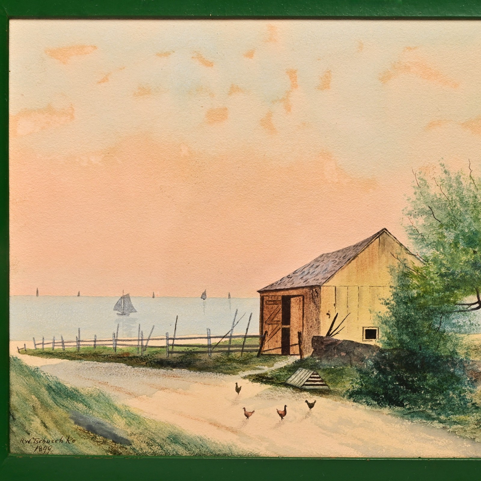 TSCHUSCHKE Original Vintage Signed 19thC House Barn Seascape Watercolor Painting