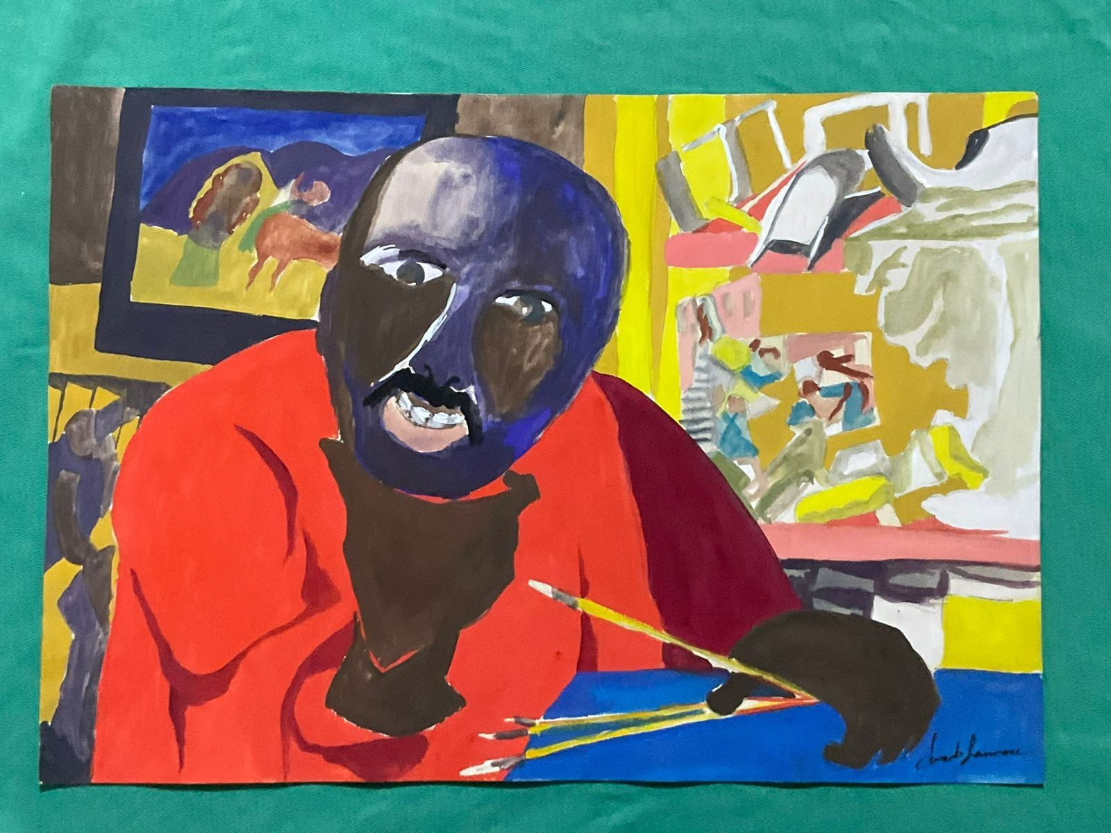 JACOB LAWRENCE drawing and painting on old paper signed stamped vintage
