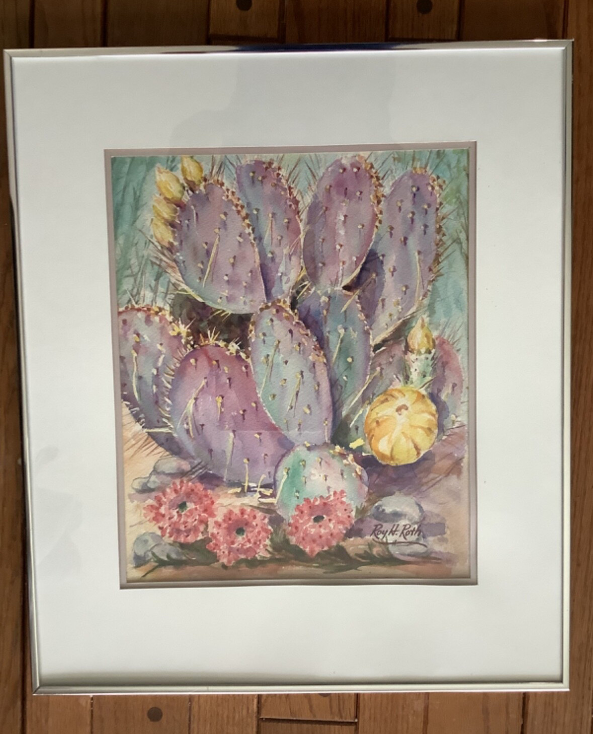 Vtg Watercolor Painting Cactus Bloom Floral Landscape Arizona Desert By Roy Roth