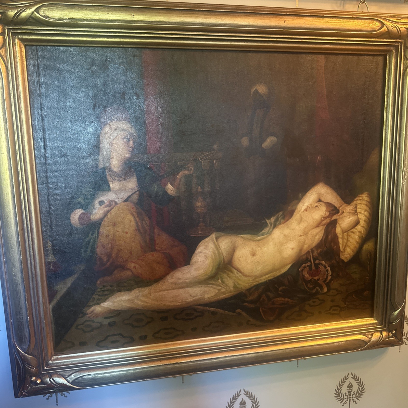 19 Th Century Oil Painting Of Odalisque With Slave Oil Painting