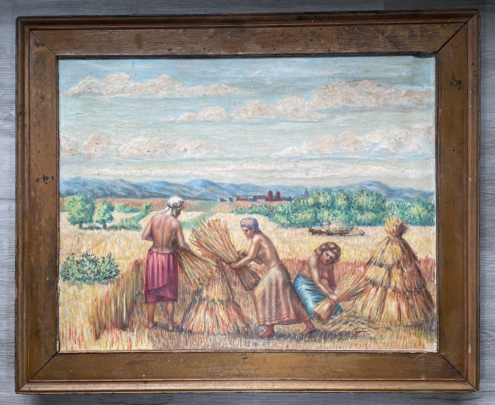 ANTIQUE OIL PAINTING NUDE WHEAT HARVESTERS ORIGINAL