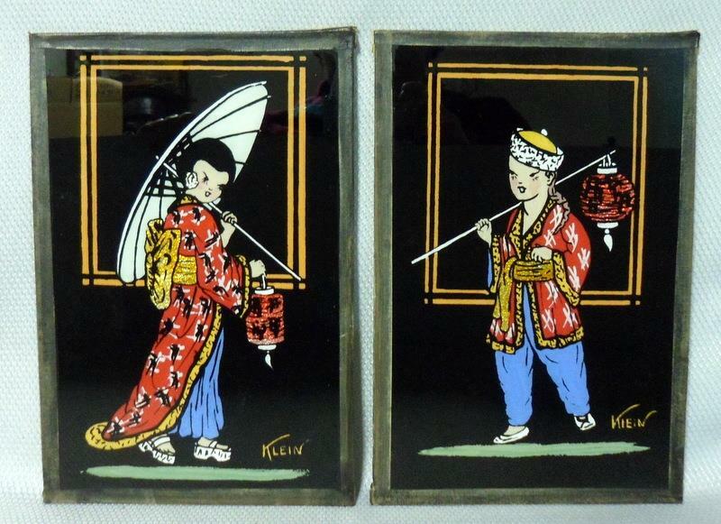 Reverse Painted Chinese Foil Art on Glass Art Deco Courtesan Coolie Sgnd Klein