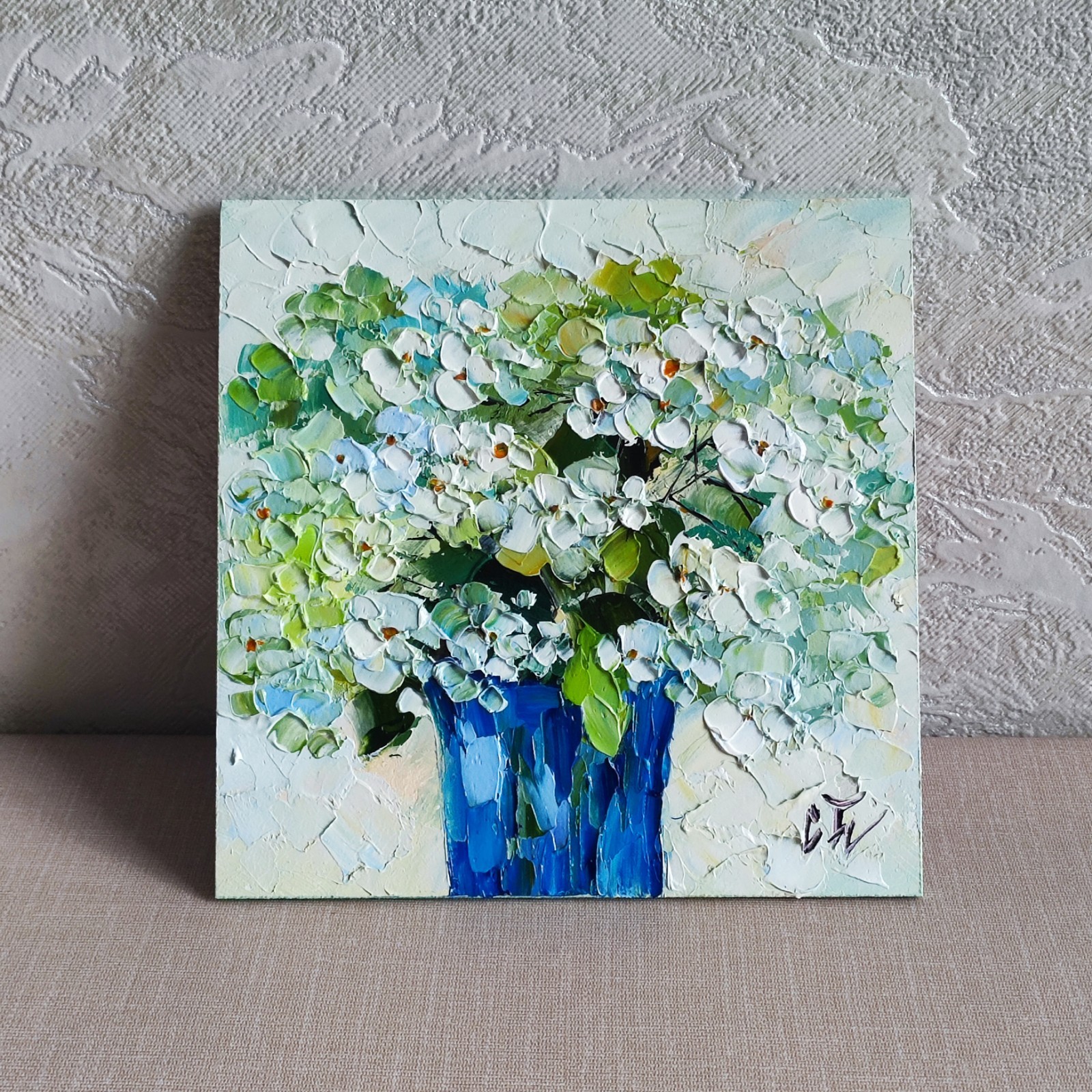 original oil painting Hydrangea white flowers artwork Floral wall art 6*6 in