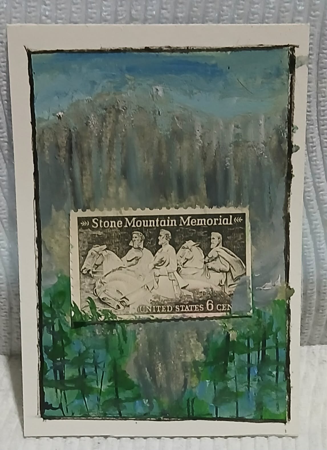 OOAK ACEO Postal Whimsy Abstract Stone Mountain with 6¢ Memorial Stamp Georgia