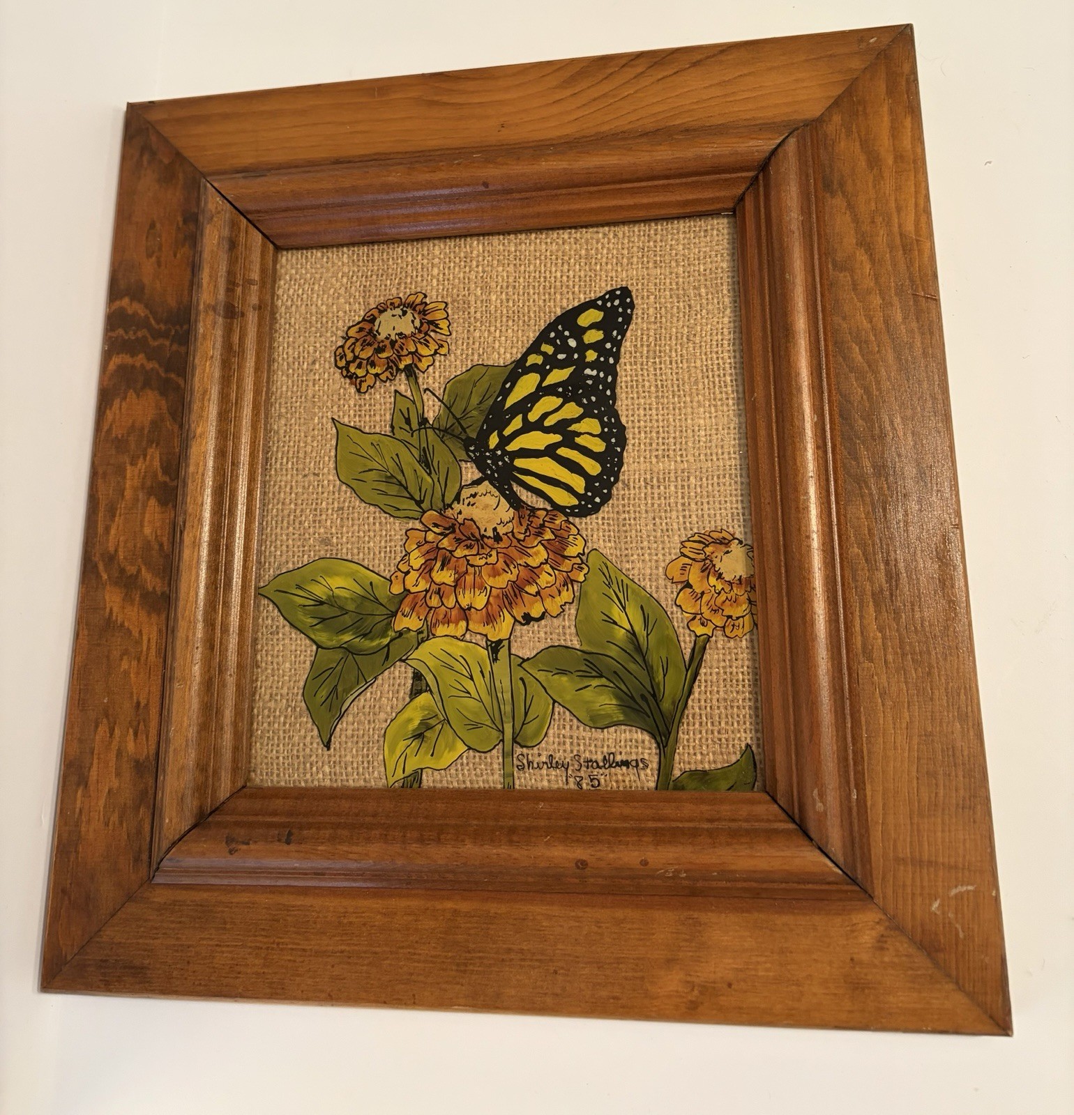 VTG Reverse Hand Painted Monarch And Zinnias On Glass Signed 1985 Wood Frame
