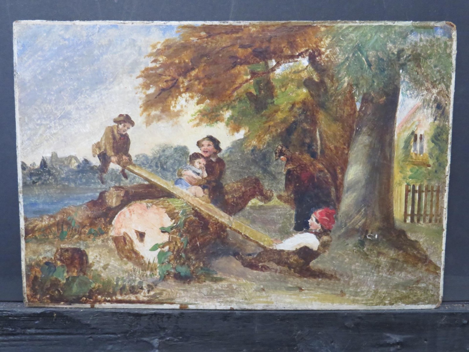 Charming English School Oil Circa 1860 Children on See-Saw
