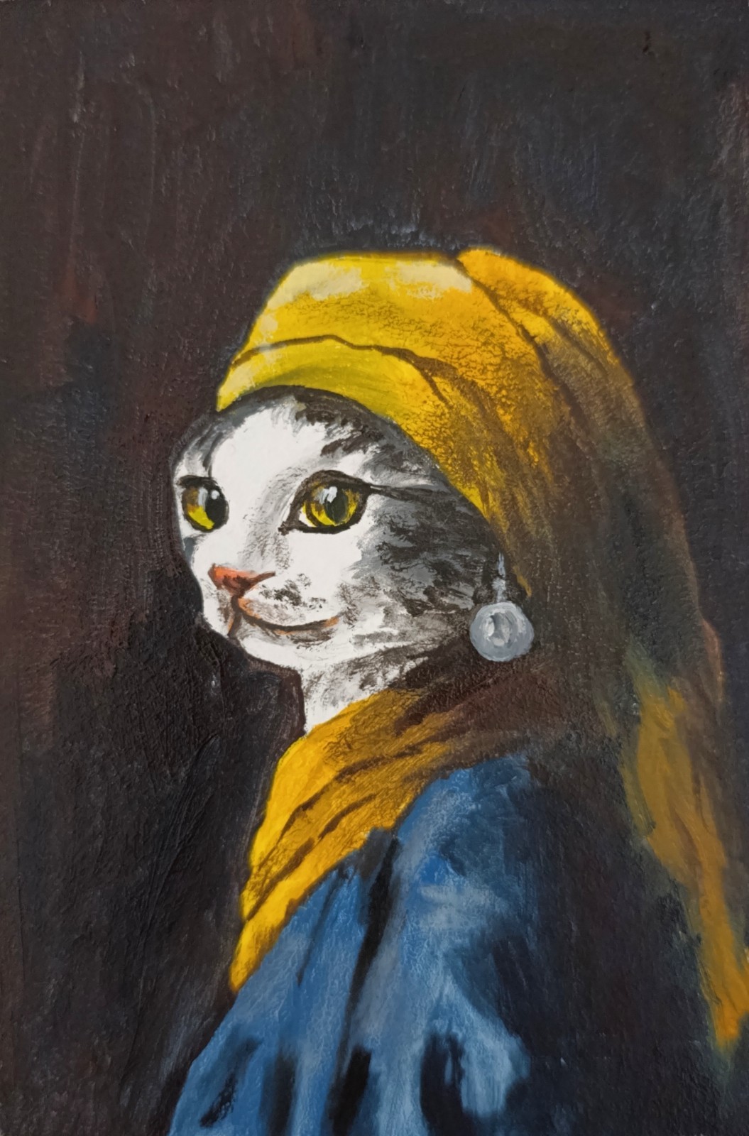 Funny Cat Girl with Pearl Earring Original Oil Painting Framed Mini Cat Art