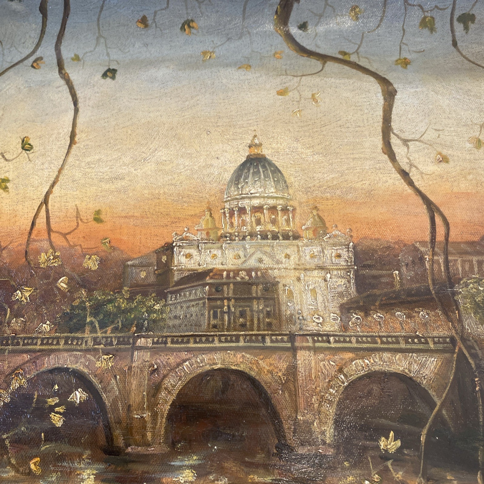 Oil On Canvas St. Peter’s Basilica & Vatican Signed No Frame 18 X 15 Canvas Roll