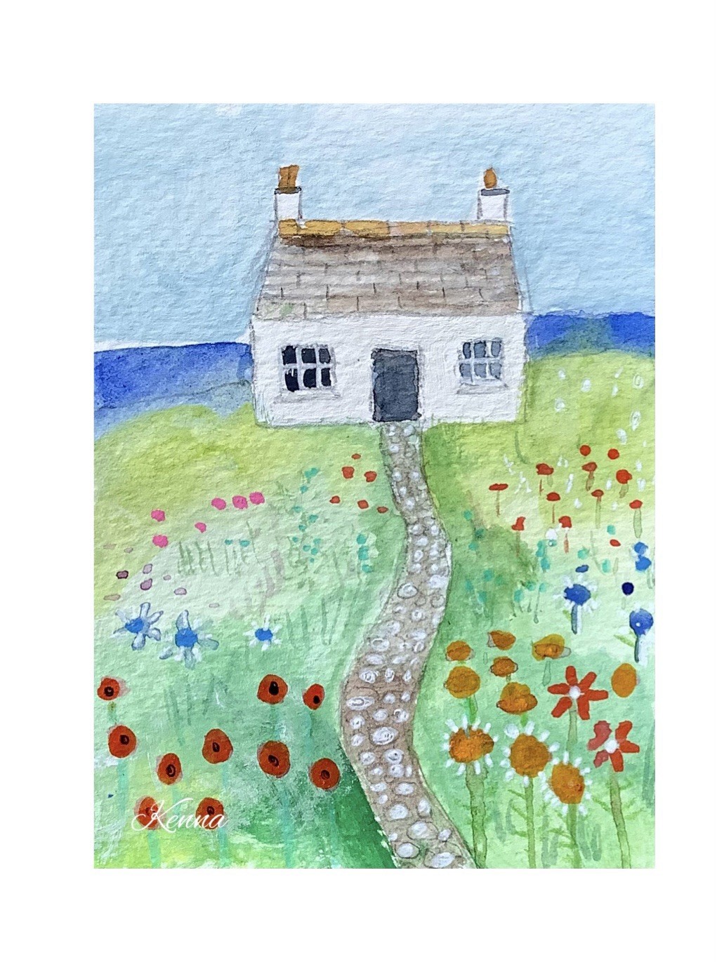 ACEO By Kenna Painting Landscape Watercolour Cottage 2.5” X 3.5” signed ÀTC