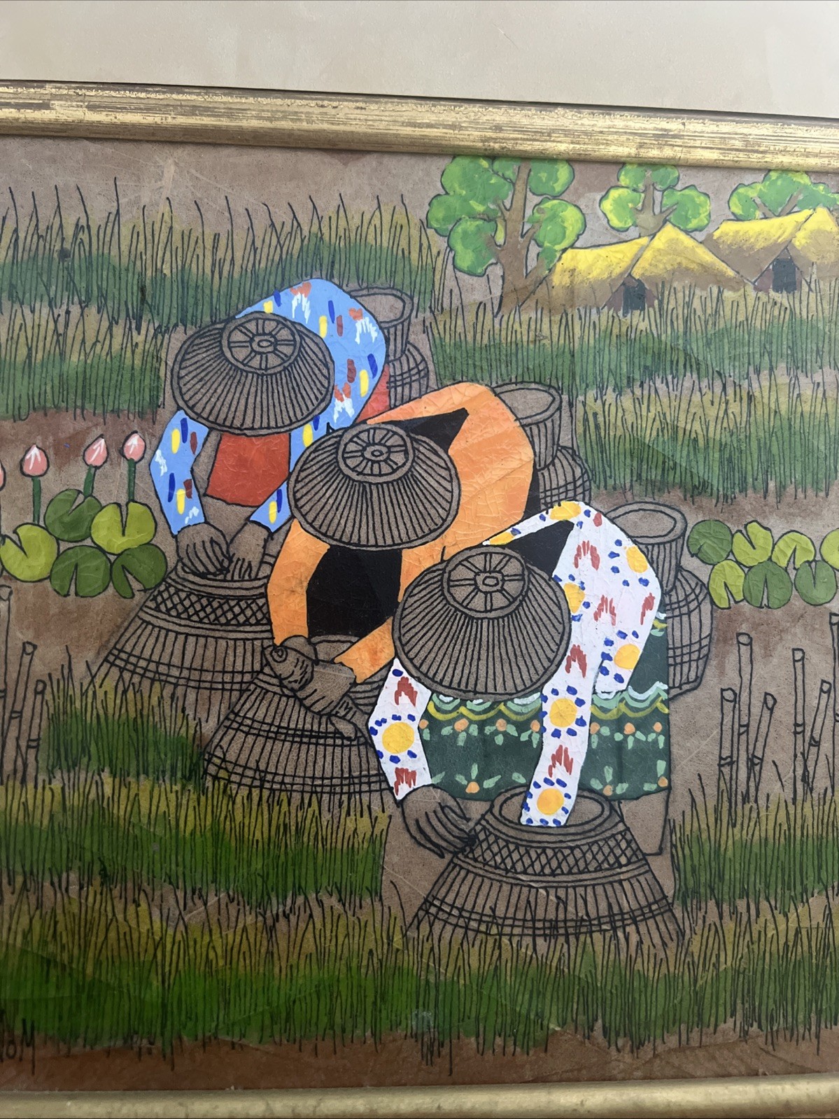 Asian Thai Expressionist Leaf painting-Artist Thanom-Vintage-MCM
