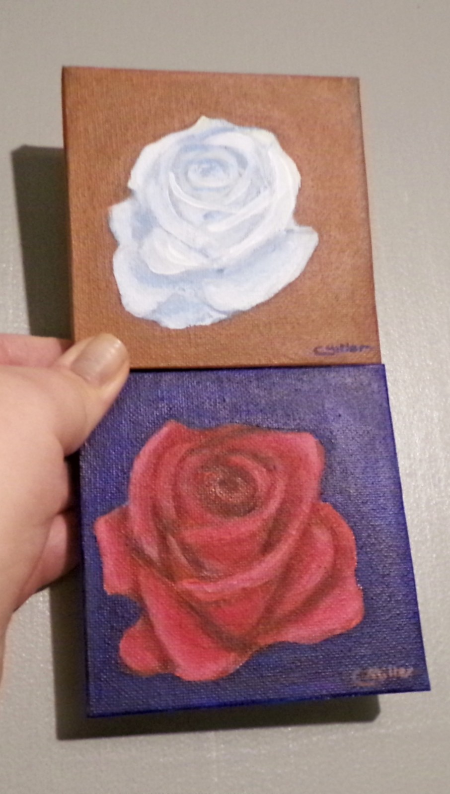 Original Painting Set of Roses Red & White Flowers 4×4 Small Modern Wall Art